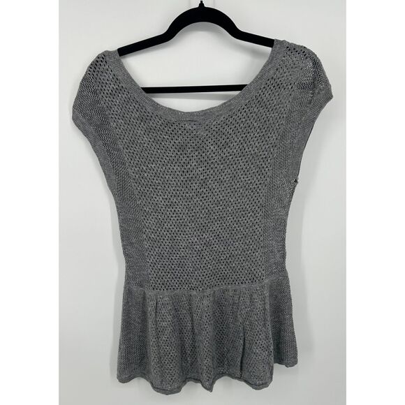 Y2K American Eagle Outfitters M Babydoll Gray Cap Sleeve Peplum Open Knit - Picture 2 of 7